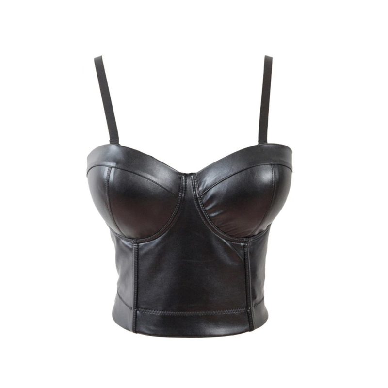 svart bustier i läder med hyskor i ryggen och justerbara axelband. svart bustier i läder med hyskor i ryggen och justerbara axelband.